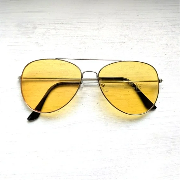70s Retro Yellow Sunglasses Tinted Shades Aviators Minimalist Festival Glasses - Picture 1 of 6